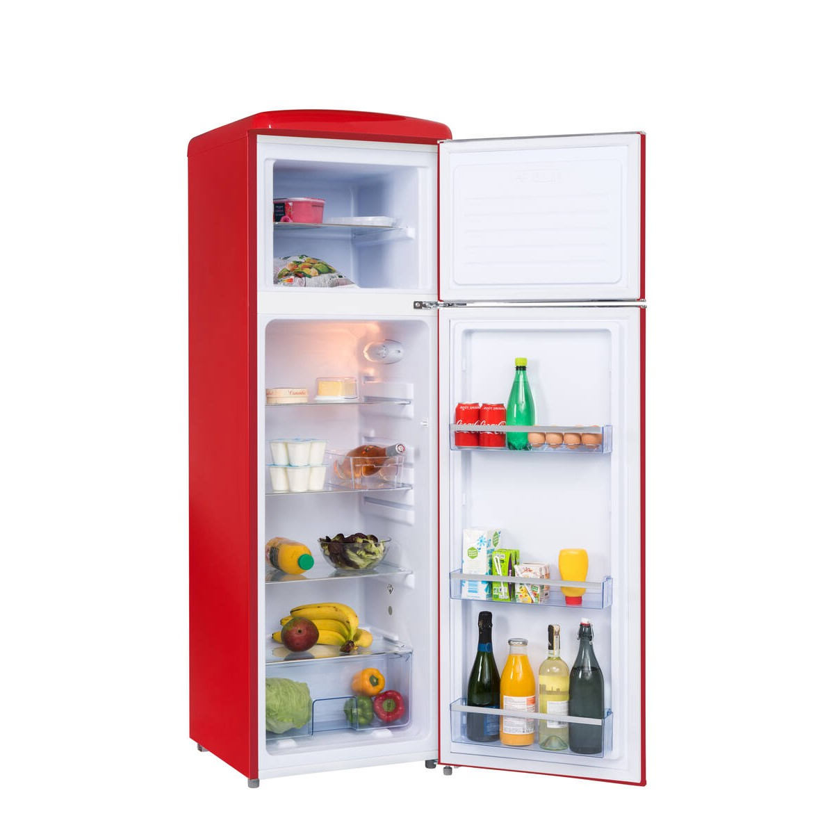 Ein roter Kühlschrank mit zwei Türen, gefüllt mit Lebensmitteln.