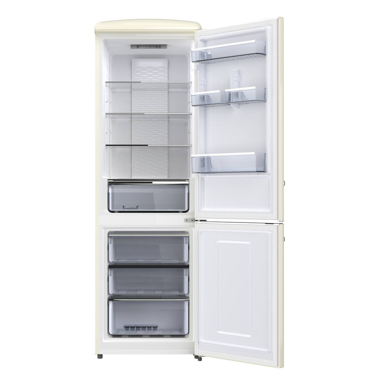 Un refrigerador color crema con la puerta abierta. Se ven estantes y cajones en el interior.