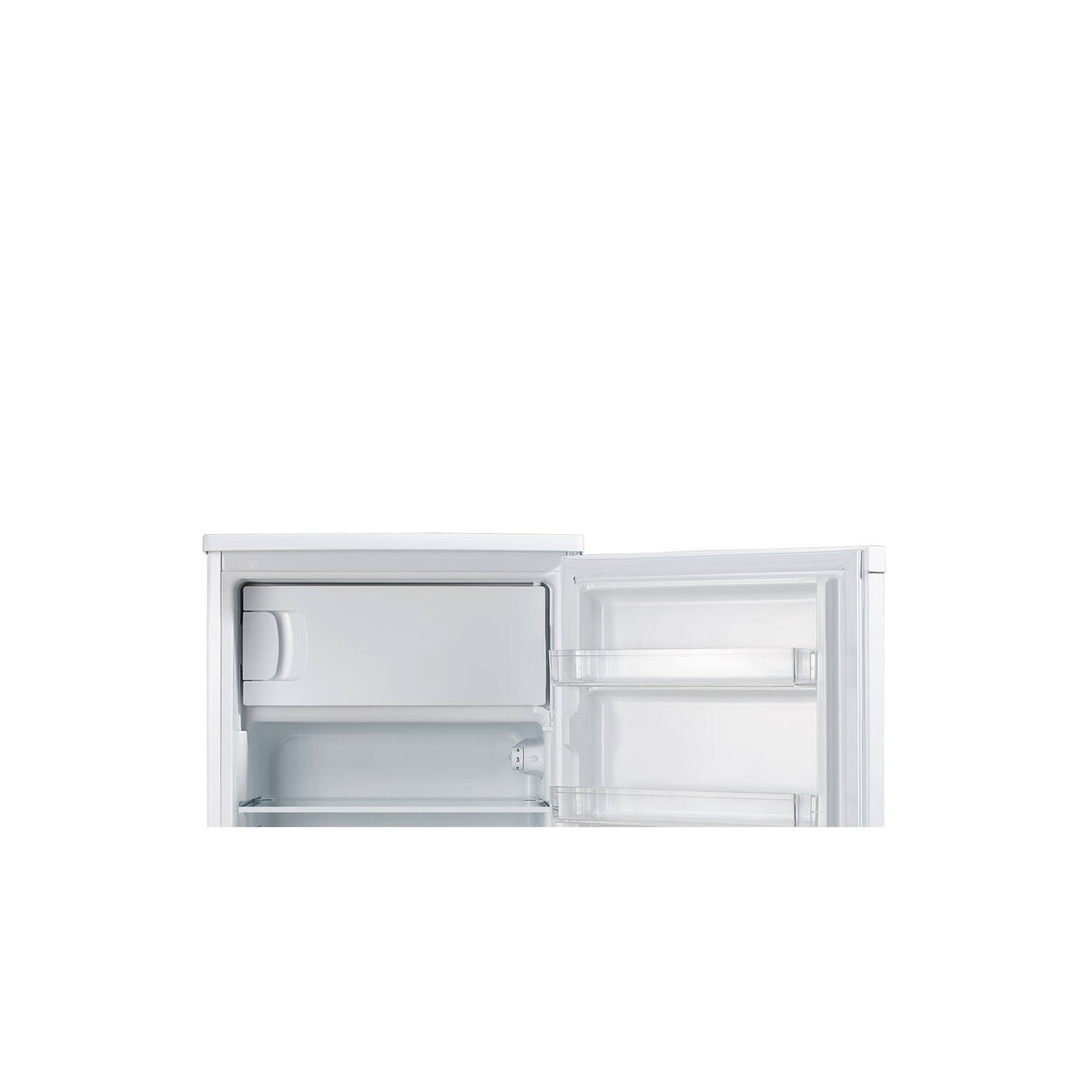 Un frigorífico blanco con la puerta abierta, vacío.