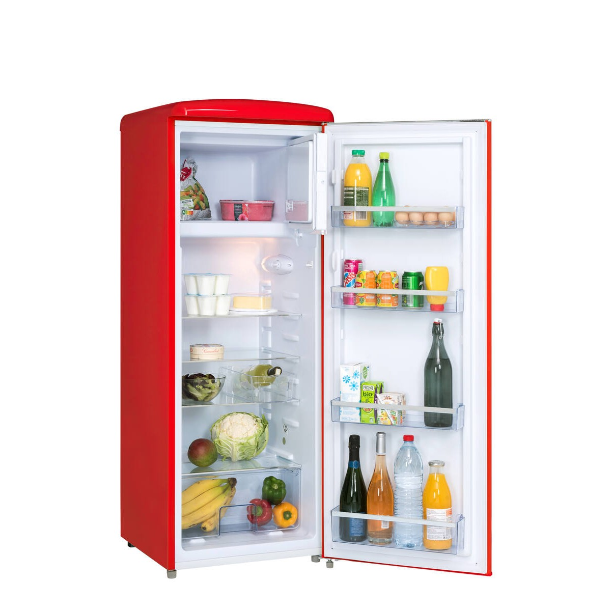 Ein roter Kühlschrank mit geöffneter Tür, gefüllt mit Lebensmitteln wie Obst, Gemüse und Getränken.