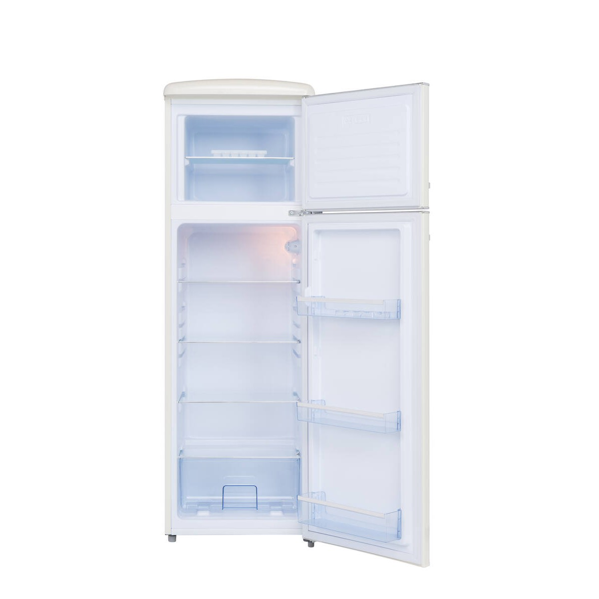 Ein cremefarbener Kühlschrank mit offener Tür und einem Gefrierfach oben.