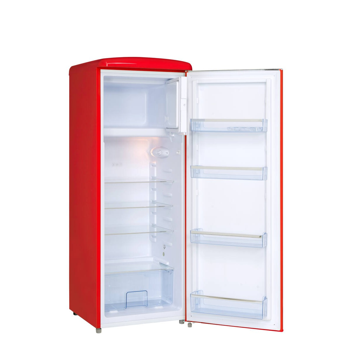 Ein roter Kühlschrank mit offener Tür, leer mit Glasböden und Schubladen.