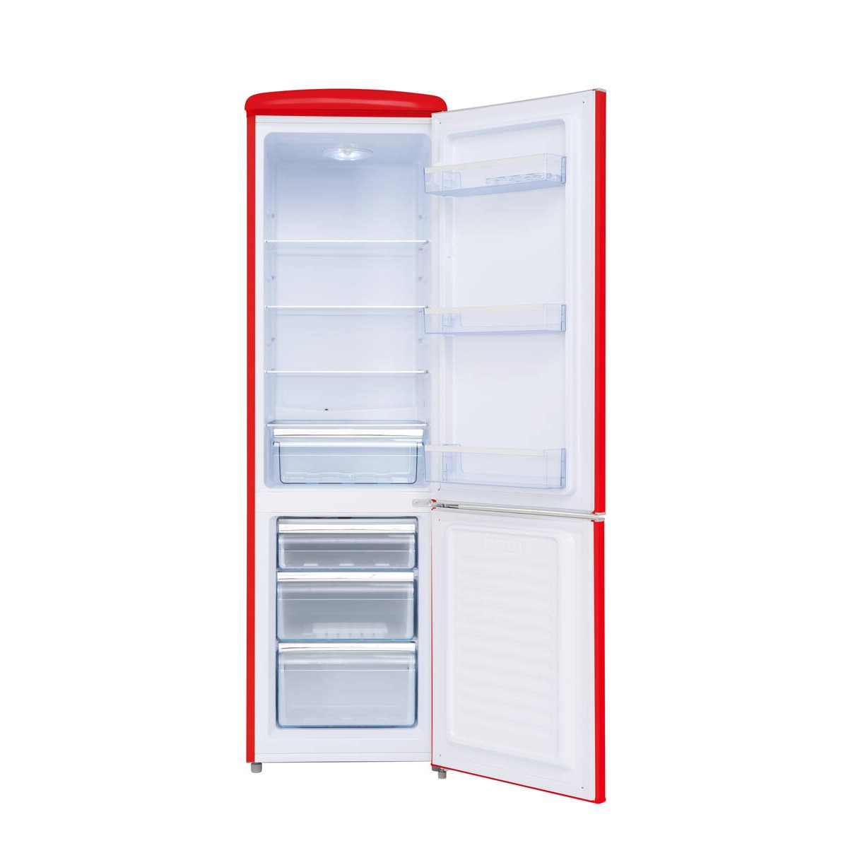 Un refrigerador rojo con la puerta abierta, mostrando estantes y cajones.