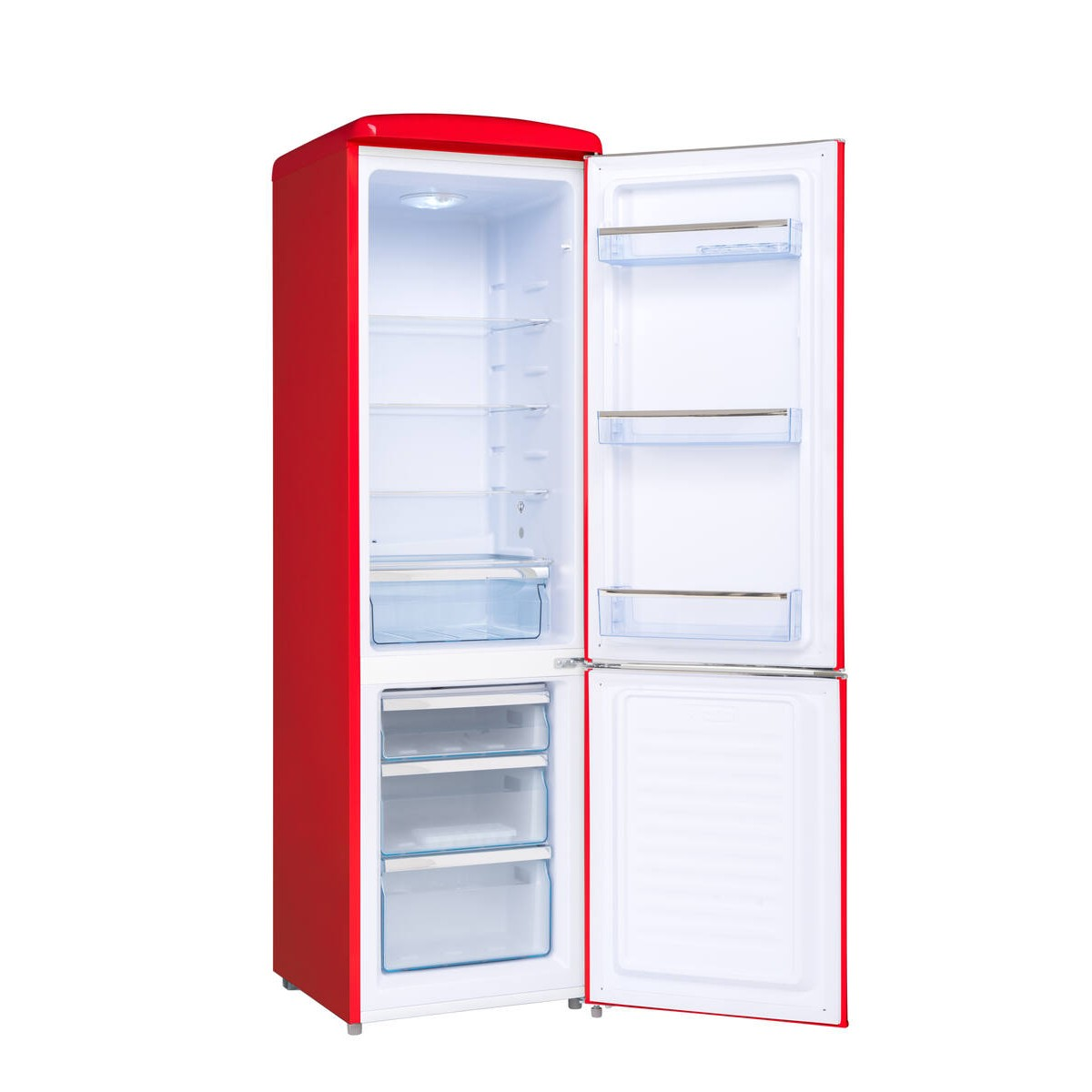 Un refrigerador rojo con la puerta abierta, mostrando varios estantes de cristal.