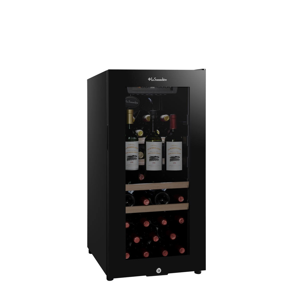 Enfriador de vino negro con puerta de cristal, lleno de botellas.
