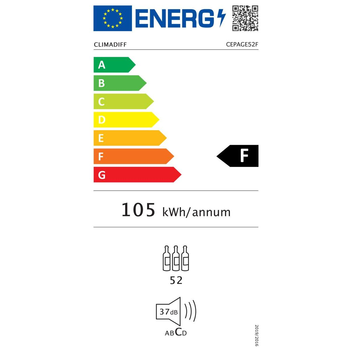 Etiqueta energética clase F, 105 kWh/año, 52 botellas, 37 dB.
