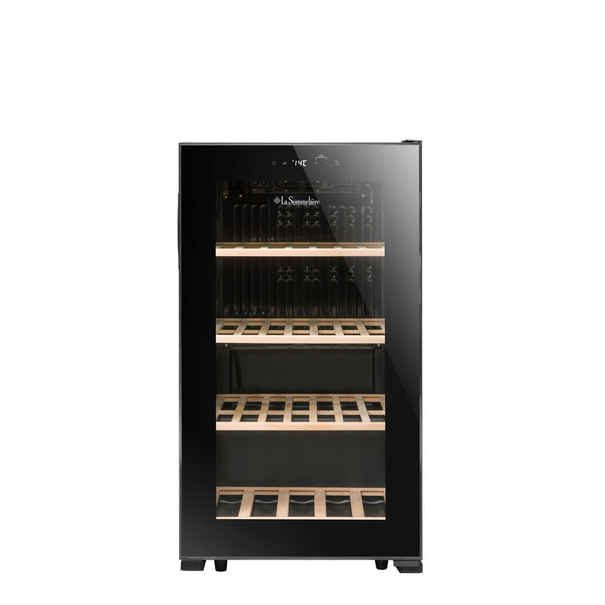 Vinoteca negra con puerta de cristal, estantes de madera y pantalla LED.