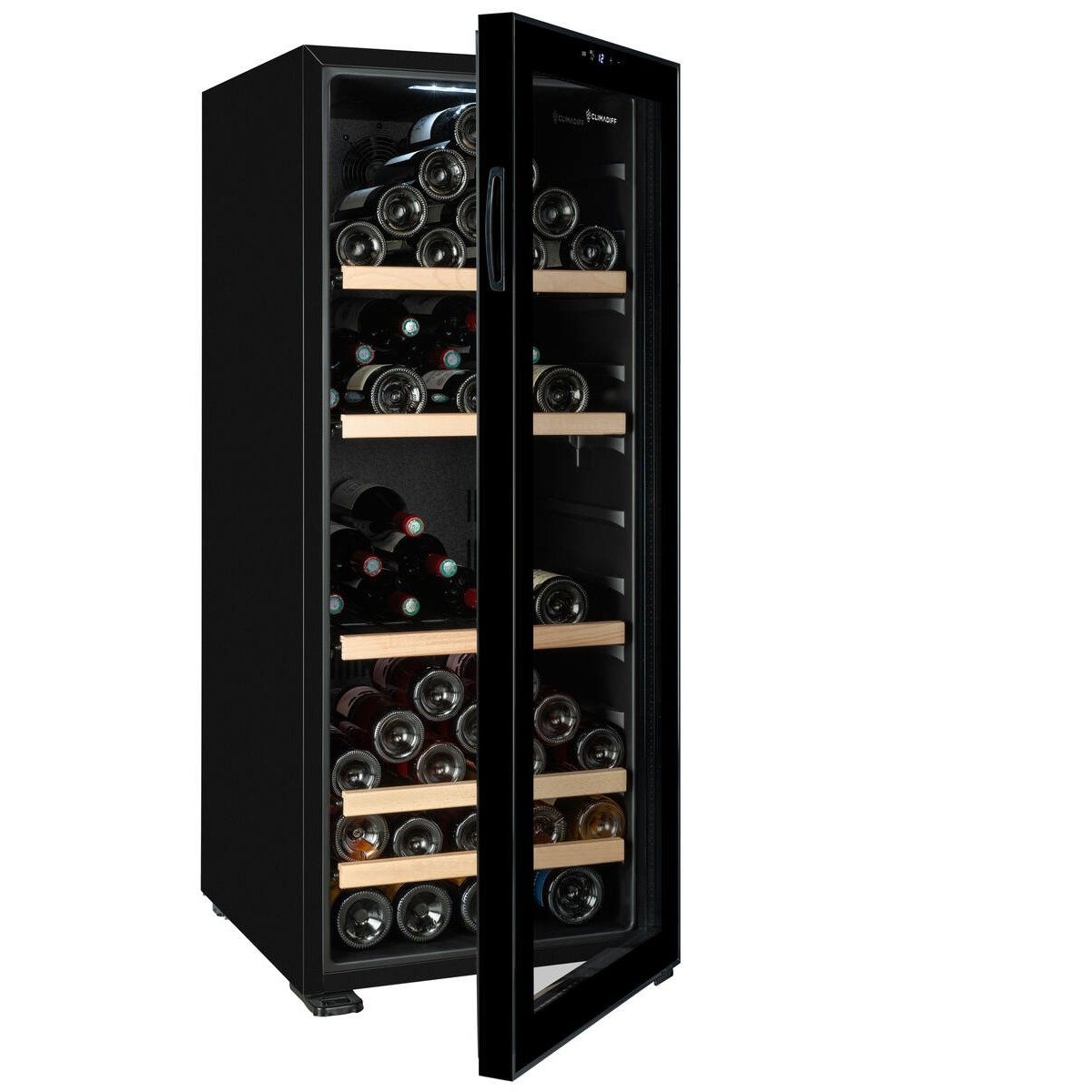 Enfriador de vino negro con elementos de vidrio y madera, lleno de botellas.