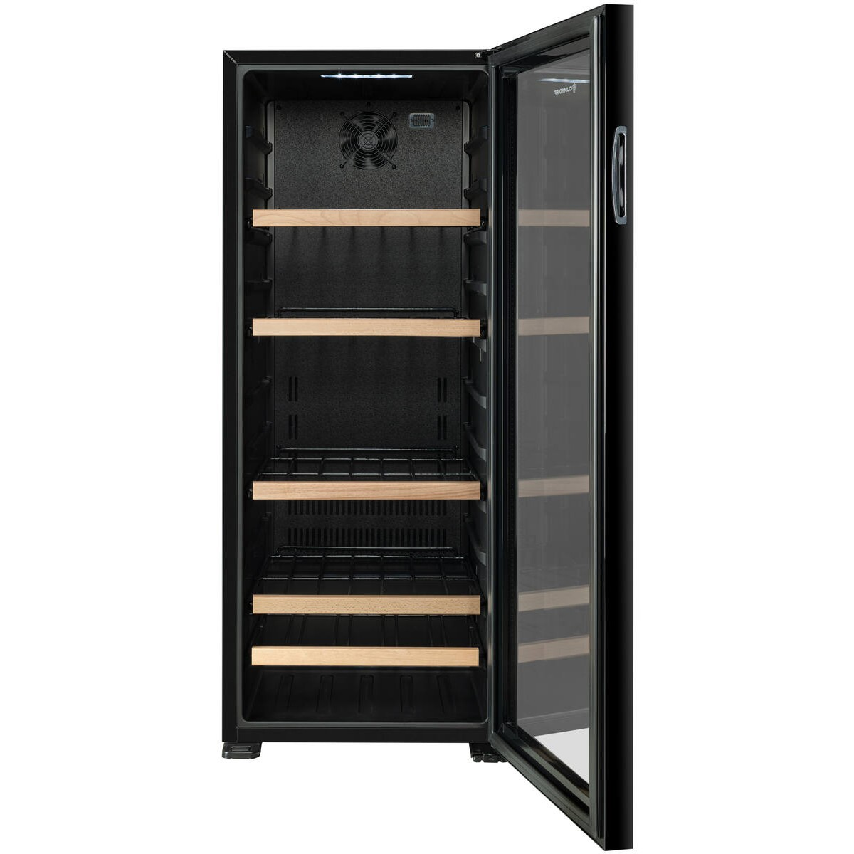 Nevera negra con puerta de cristal y baldas de madera, ventilador arriba.