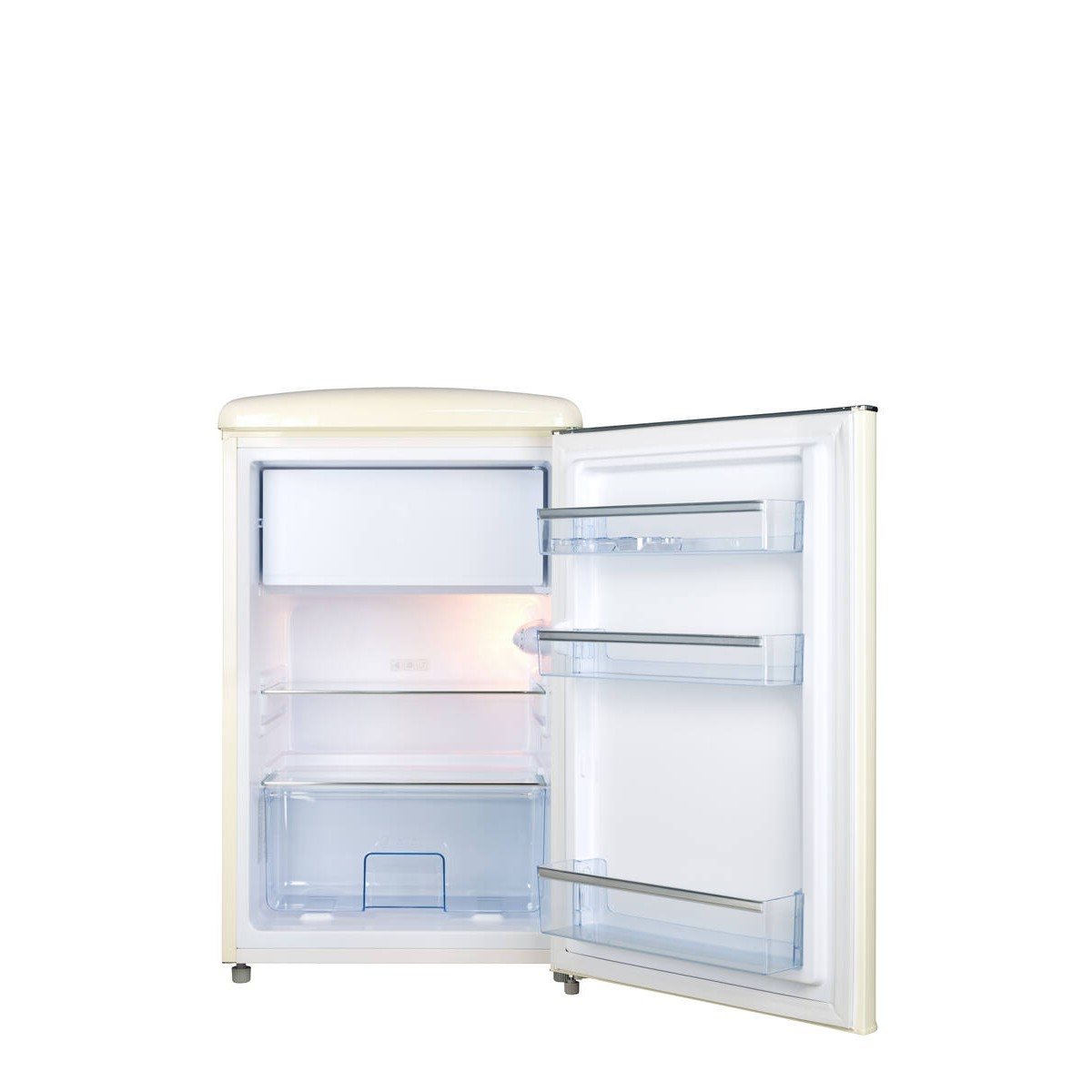 Un refrigerador abierto de color crema que muestra estantes y cajones.