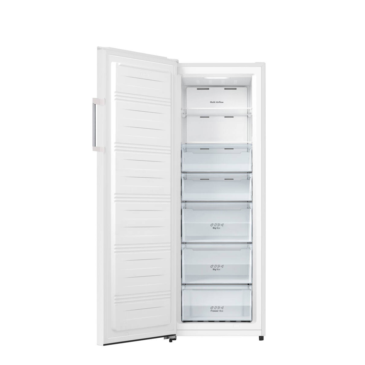 Un congelador vertical blanco abierto con cajones transparentes y puerta blanca con líneas horizontales.
