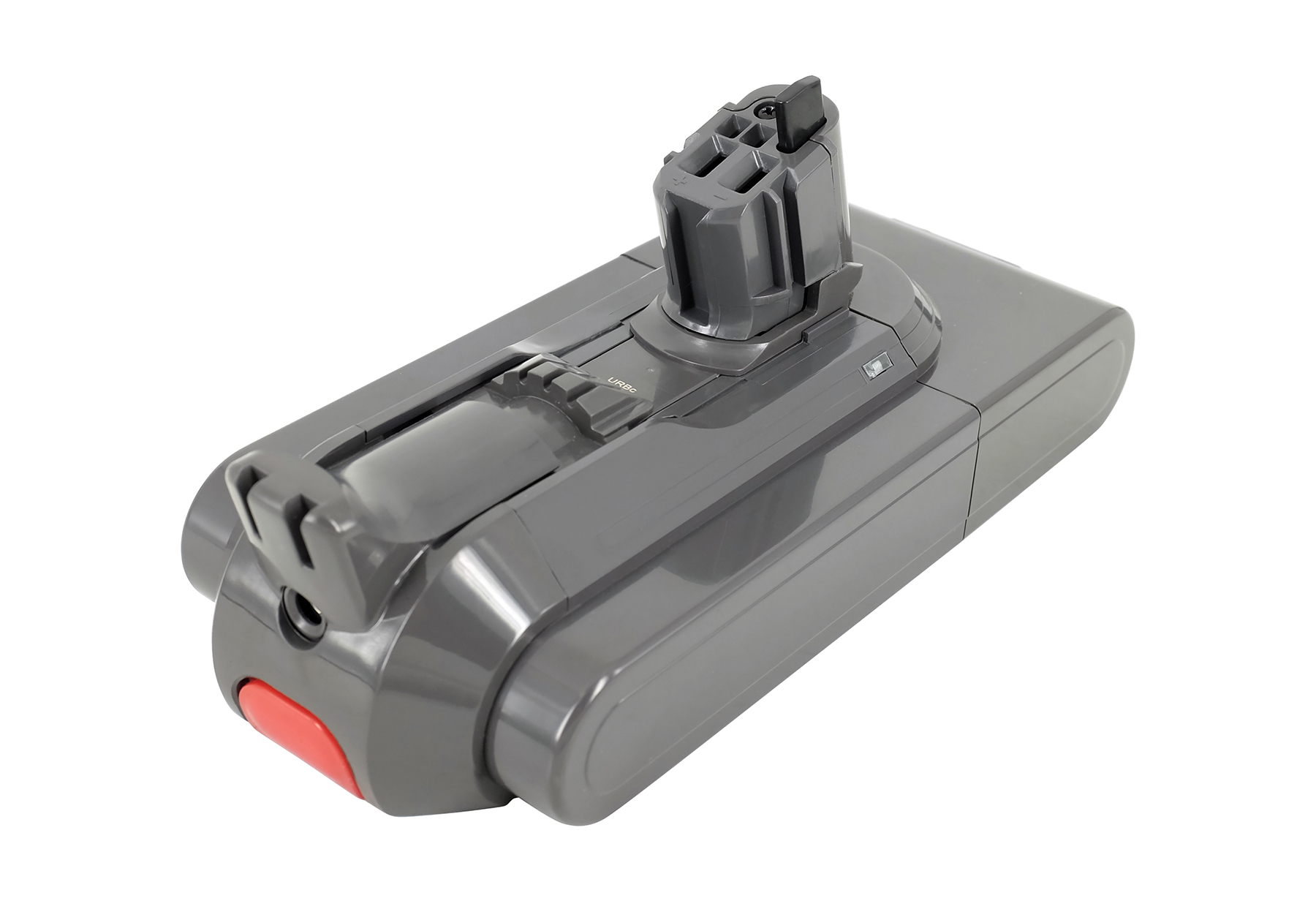 Batteria grigia per aspirapolvere con pulsante rosso e connettori argentati.