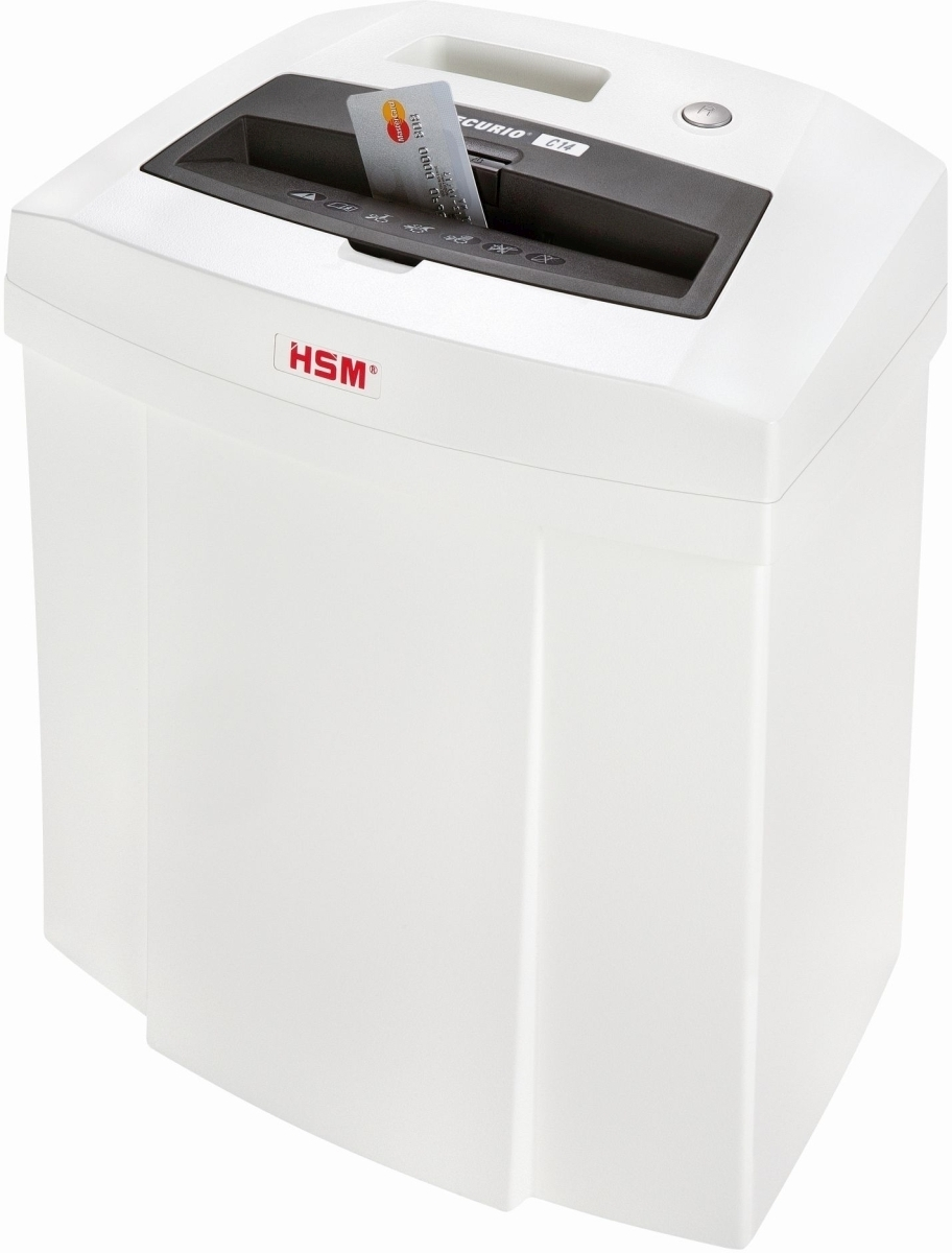 Una trituradora de papel blanca con ranura para tarjetas de crédito. Logo HSM visible.