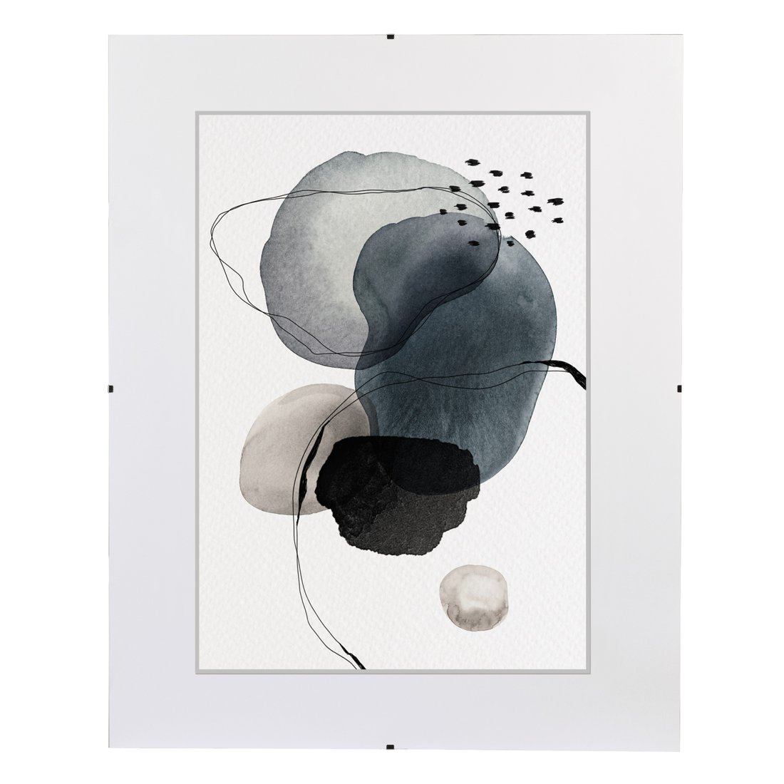 Abstrakte Aquarellmalerei mit grauen und schwarzen Formen und schwarzen Linien.
