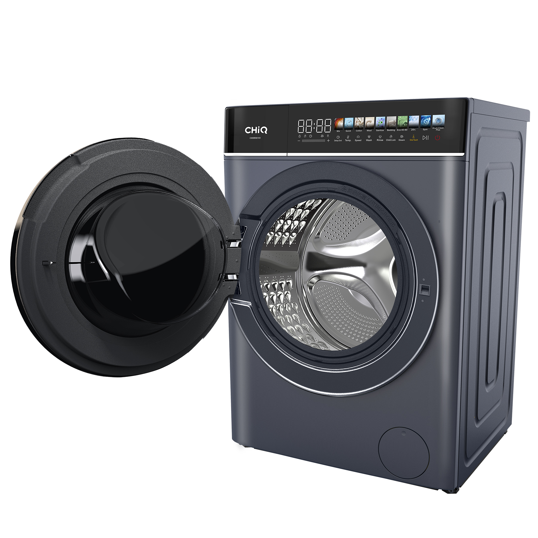 A dark washing machine with its door open, showing a digital control panel.