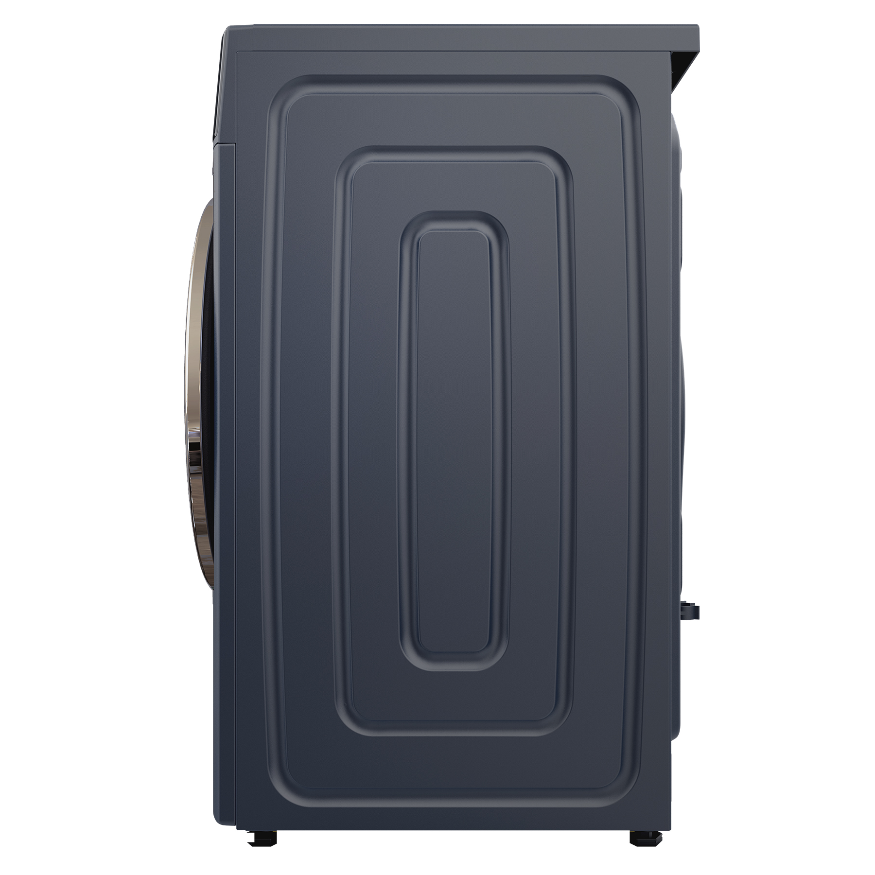 Dark grey washing machine seen from the side, with a silver door frame.