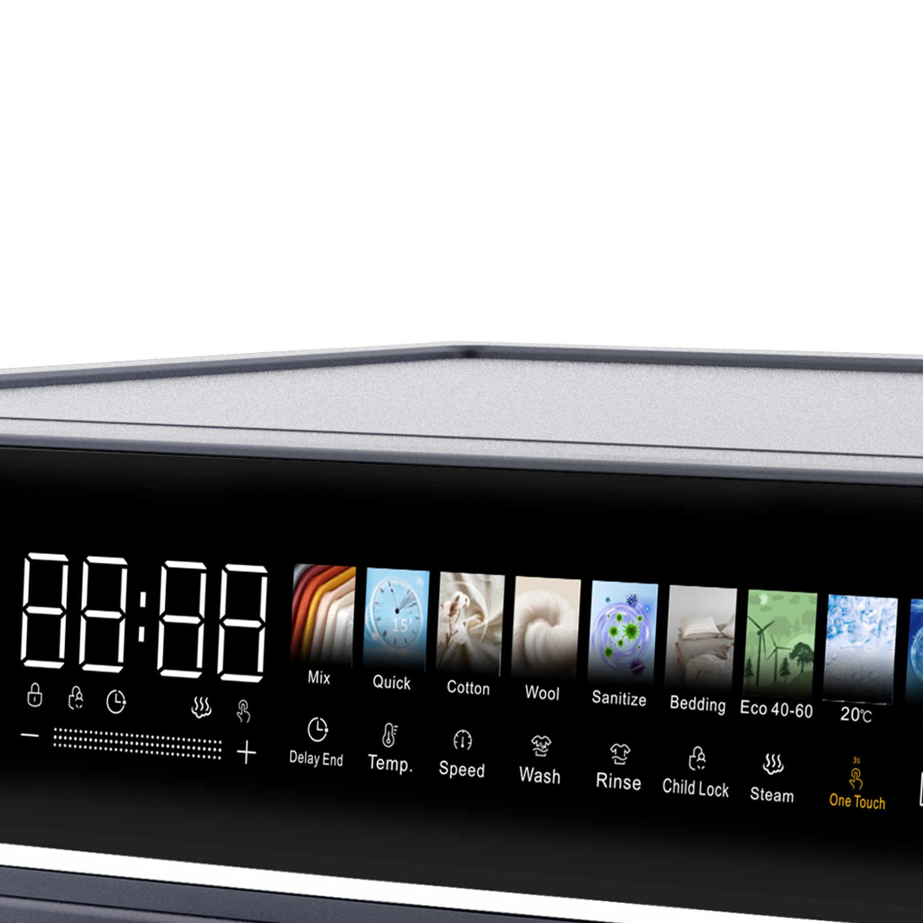 Digital display showing wash programs: Mix, Quick, Cotton, Wool, Sanitize, Bedding, Eco 40-60, 20°C.