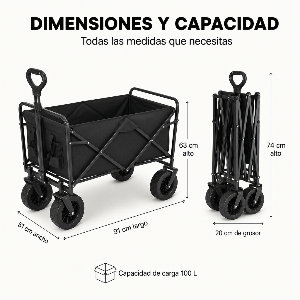 Un carro plegable negro, 51cm ancho, 63cm alto, 91cm largo. Plegado: 74cm alto, 20cm grosor. Capacidad 100L.