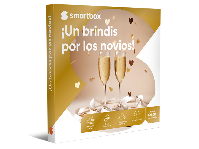Una caja regalo Smartbox para parejas, con dos copas de champán y confeti.