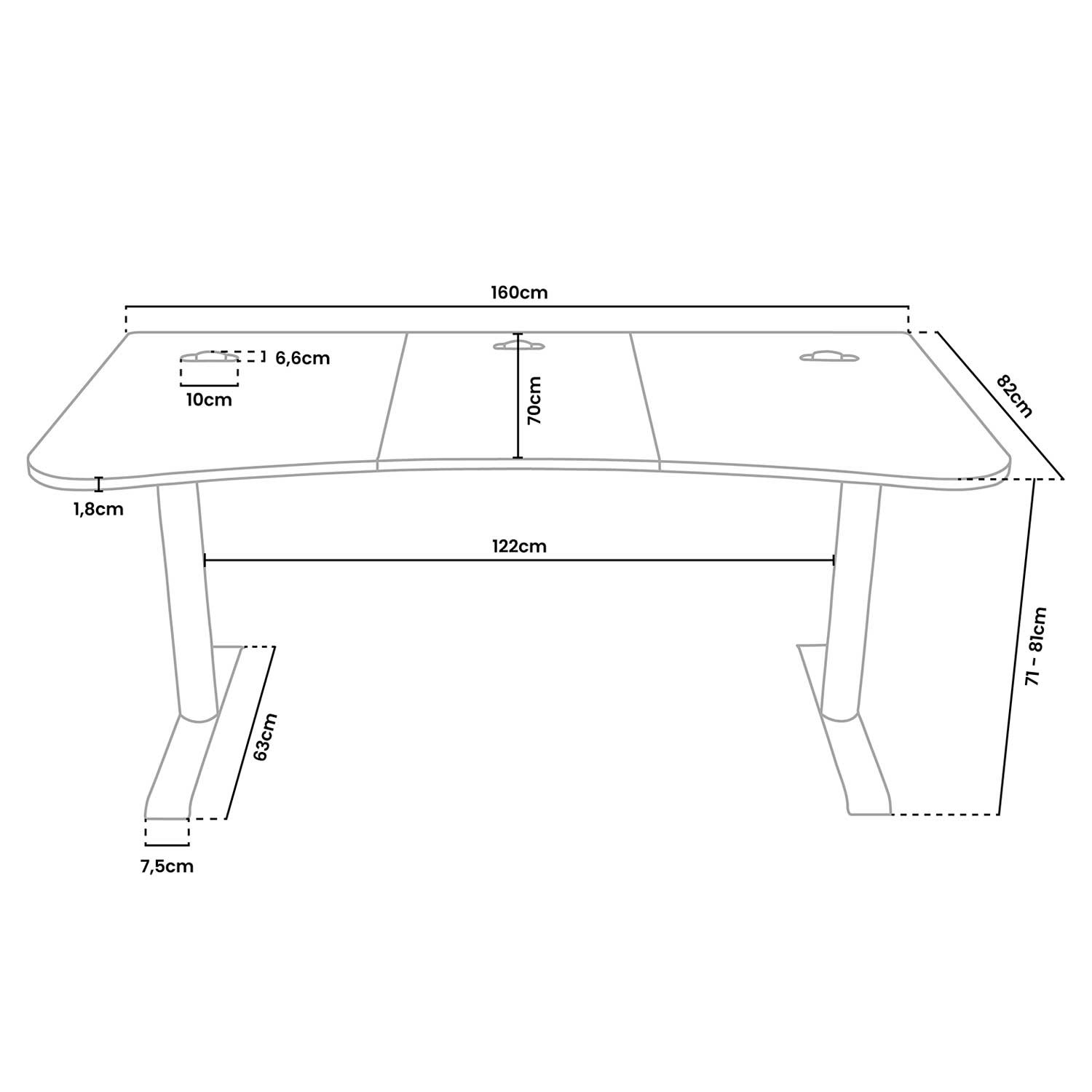 Technical drawing of a black desk with dimensions: 160cm wide, 82cm deep, 71-81cm height.