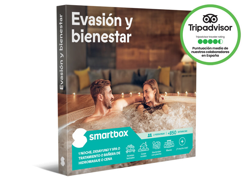 Una pareja se relaja en un jacuzzi, oferta Smartbox de Evasión y Bienestar.