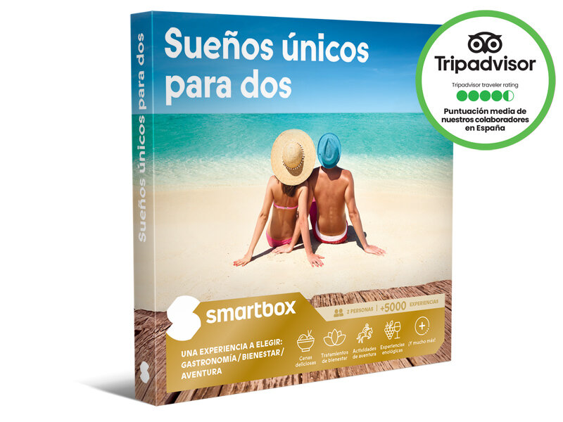 Una caja de regalo para dos en la playa, con calificación de TripAdvisor.