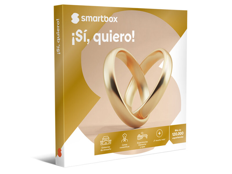Anillos dorados, logo de Smartbox y "¡Sí, quiero!" sobre fondo amarillo.