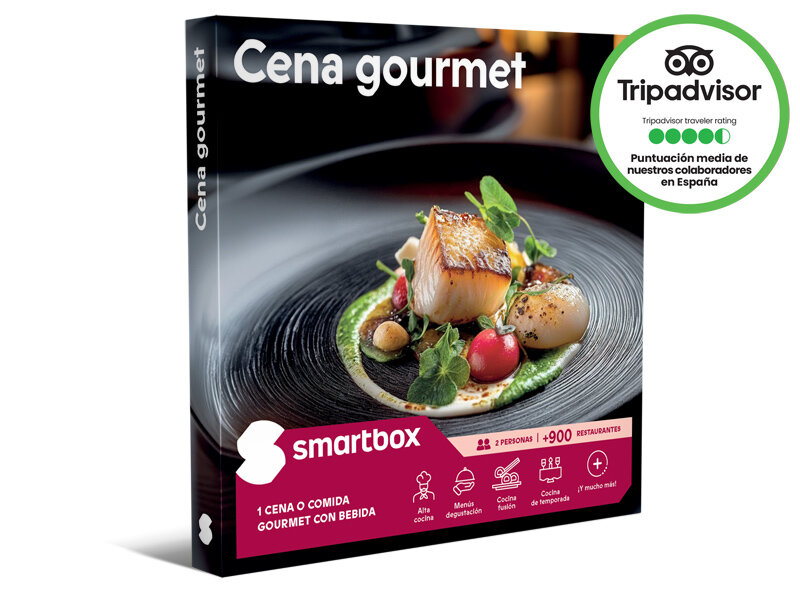 Caja de producto "Cena gourmet" con reseña de TripAdvisor.