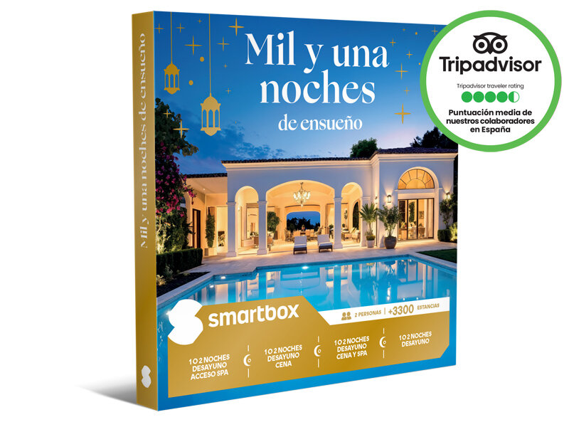 Caja regalo Smartbox con villa, piscina y valoración de TripAdvisor.