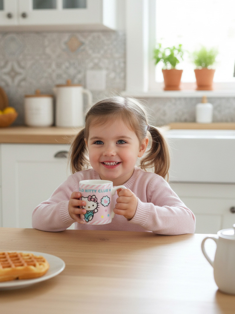 Ein lächelndes junges Mädchen mit Zöpfen hält eine Hello Kitty Tasse in einer Küche.