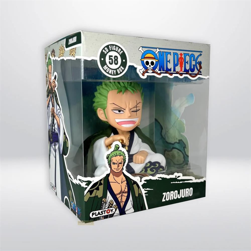 Figura de Zorojuro de One Piece en una caja. La figura tiene pelo verde y lleva una túnica blanca.