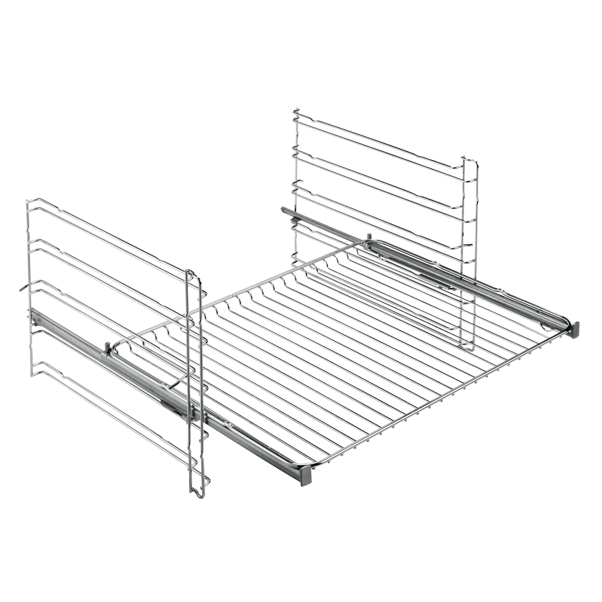 Una cesta de alambre extraíble con rieles para organización de cocina.