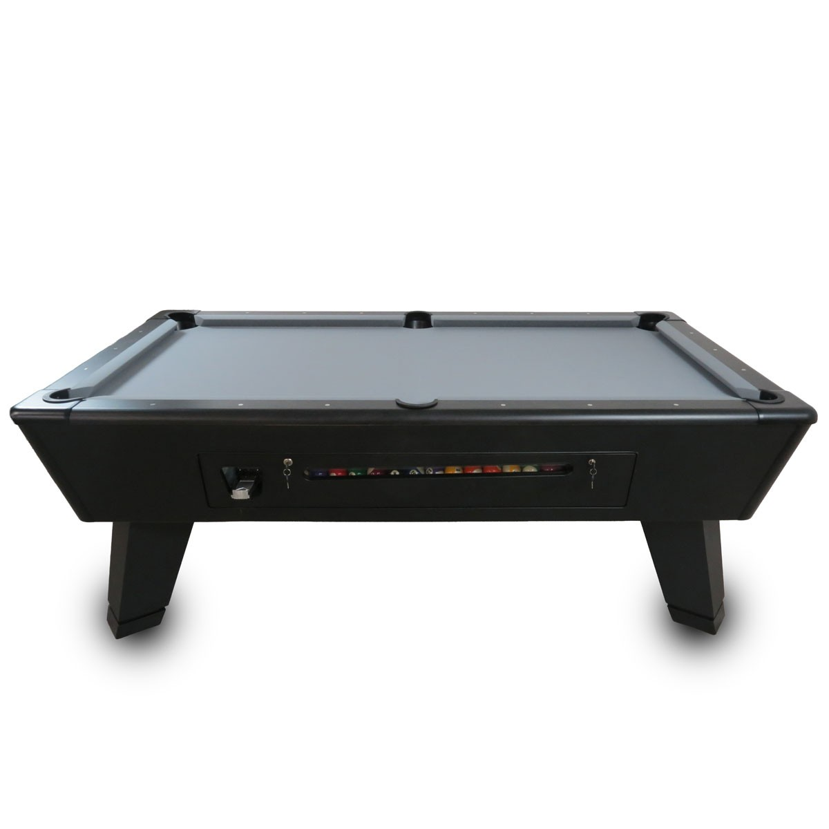 A black pool table with a gray surface and balls visible in a side compartment.