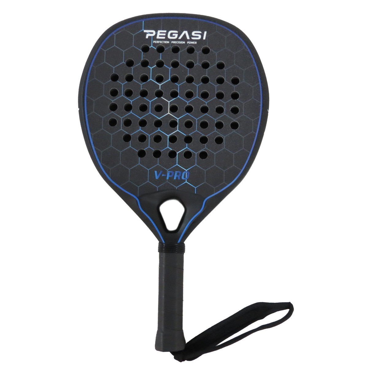 Black paddle with blue hexagon pattern and lanyard.