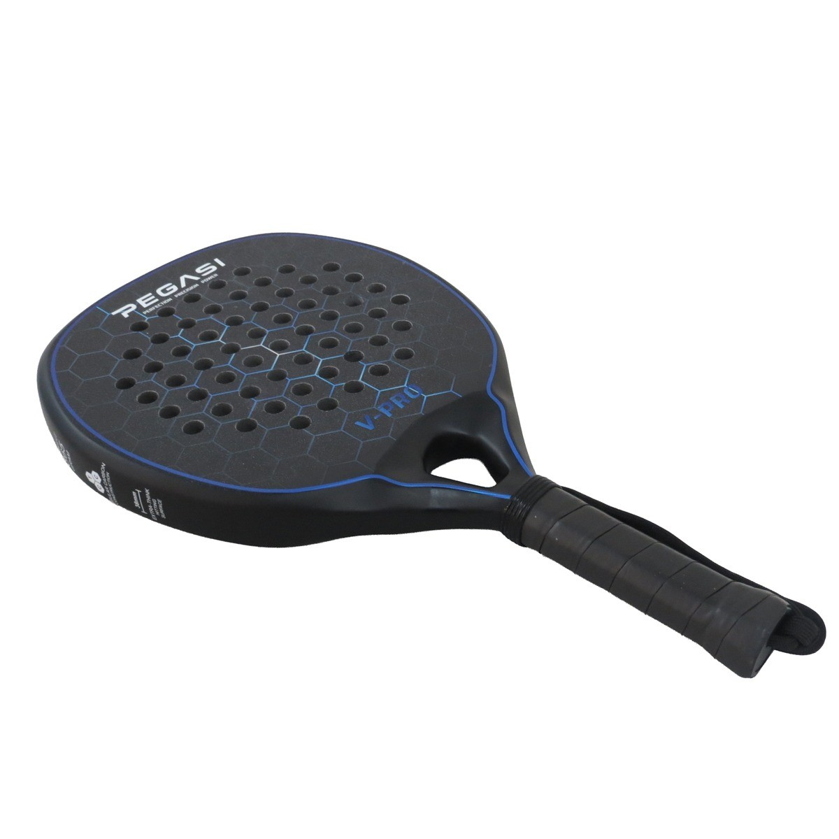 Black padel racket with blue accents, hexagon pattern, and 'V-PRO' text.
