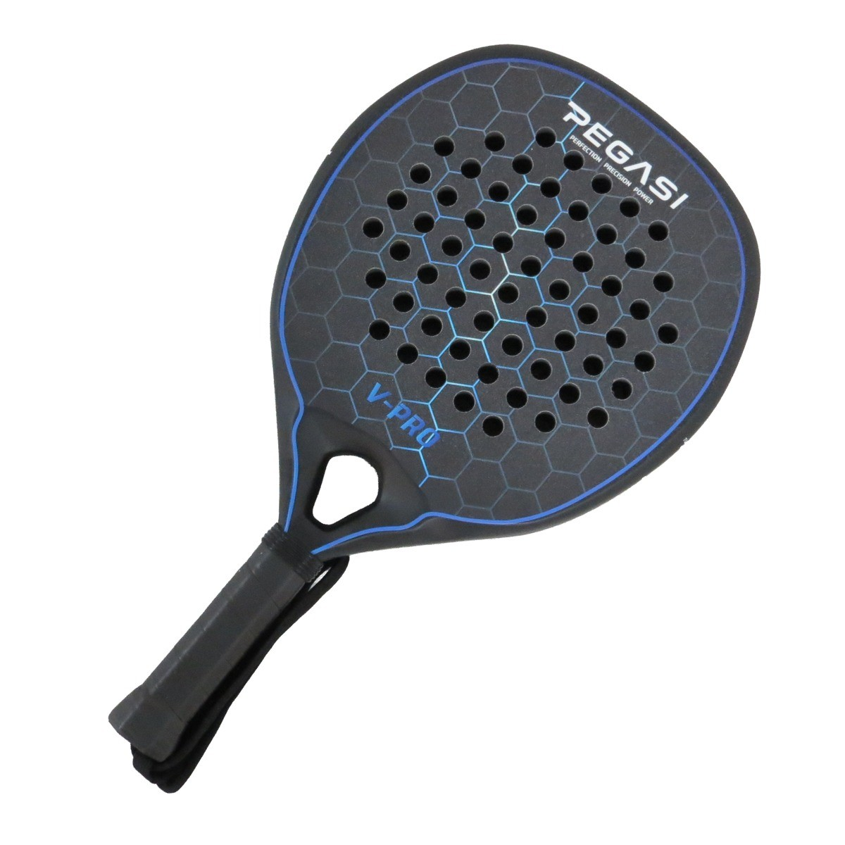 Black padel racket with blue hexagon pattern and grip.