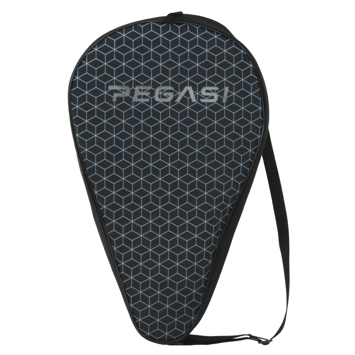 Black tennis racket cover with geometric pattern and carrying strap.