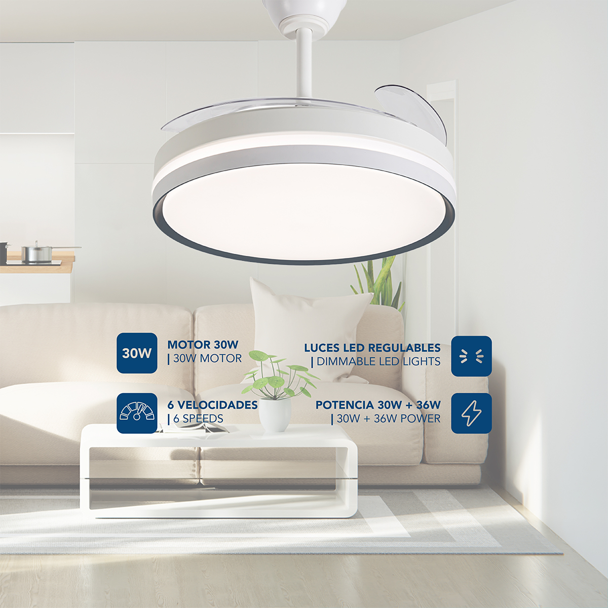 Ventilador de techo moderno con luz sobre un sofá y mesa de centro en sala.