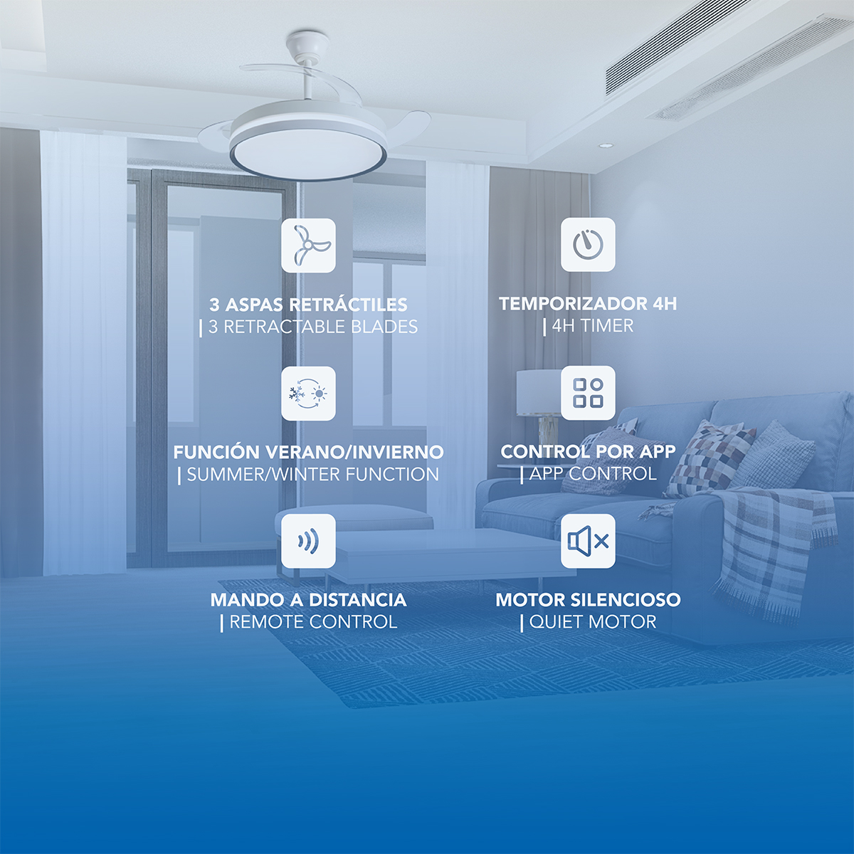 Un ventilador de techo moderno con luz, controlado por mando y app.