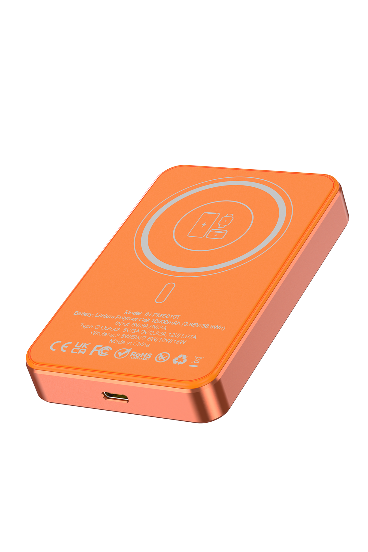 Şarj göstergeli ve USB-C bağlantı noktalı turuncu powerbank.