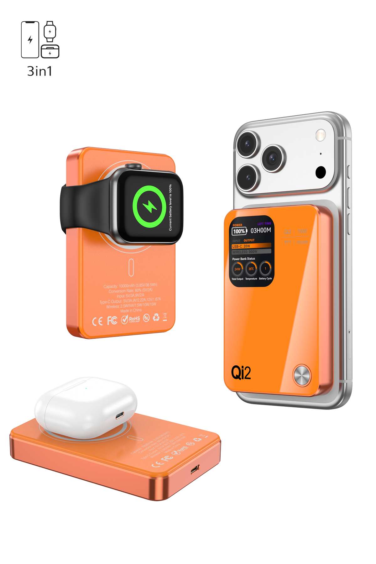 iPhone ve Apple Watch takılı turuncu Qi2 şarj cihazı.