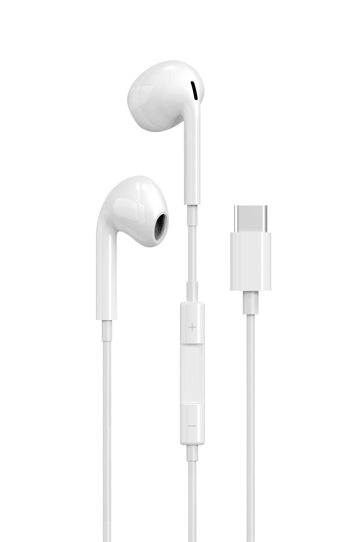 USB-C konektörlü ve ses ayar düğmeli beyaz kulaklıklar.