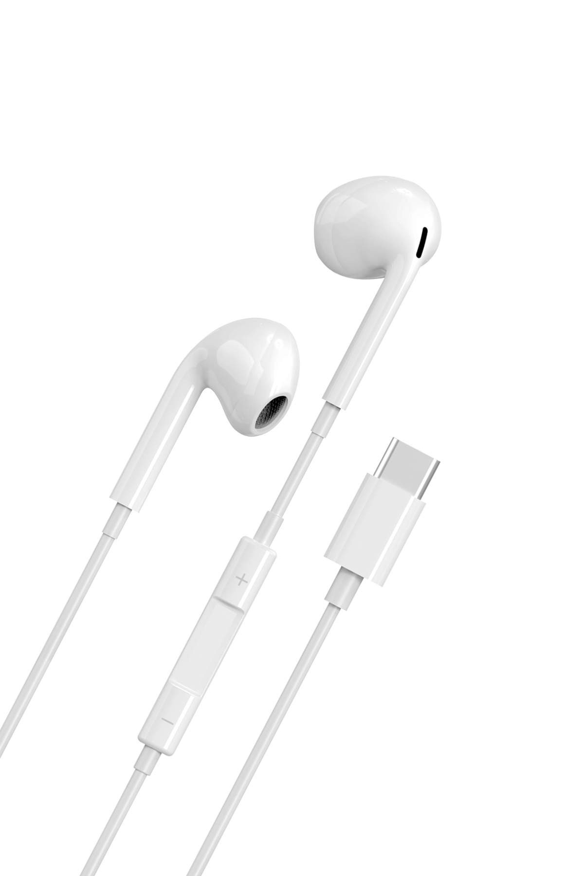 USB-C konnektörlü ve ses ayarlı beyaz kulaklık.