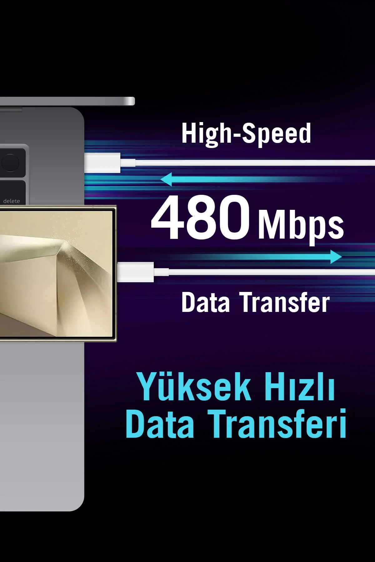 Yüksek hızlı laptop bağlantısı, 480 Mbps veri aktarımı.