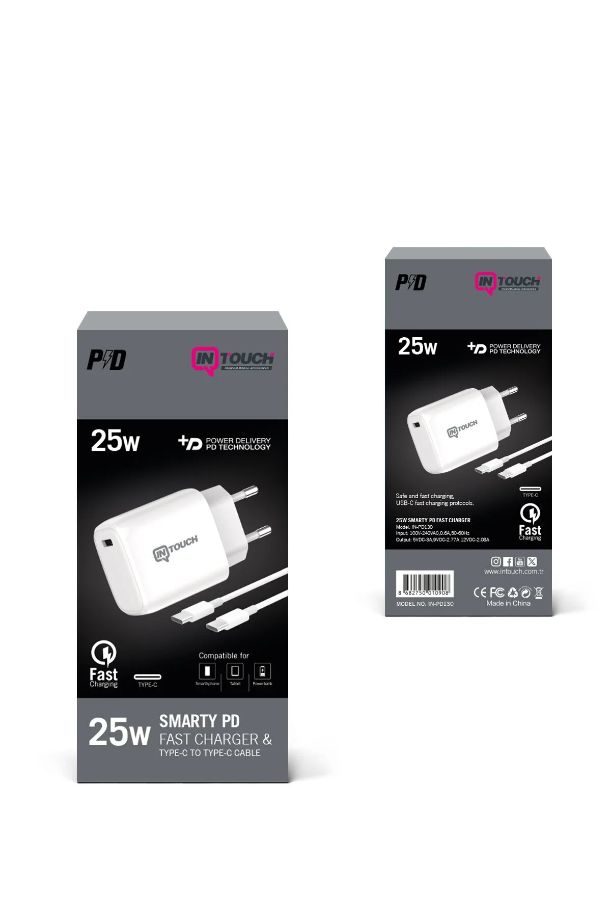 Koyu arka plan üzerinde USB-C kablolu beyaz 25W PD şarj cihazı.