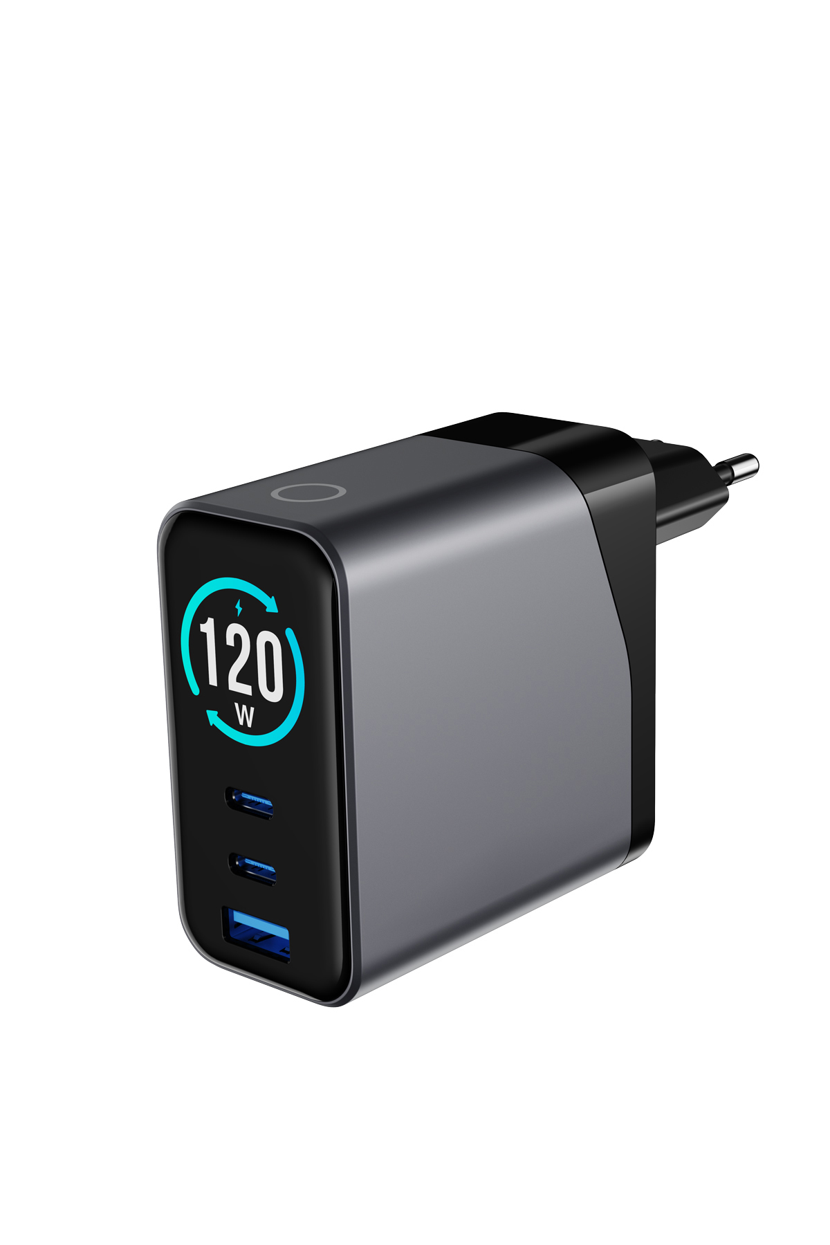 120W ekranlı gri 3 portlu USB-C şarj cihazı.