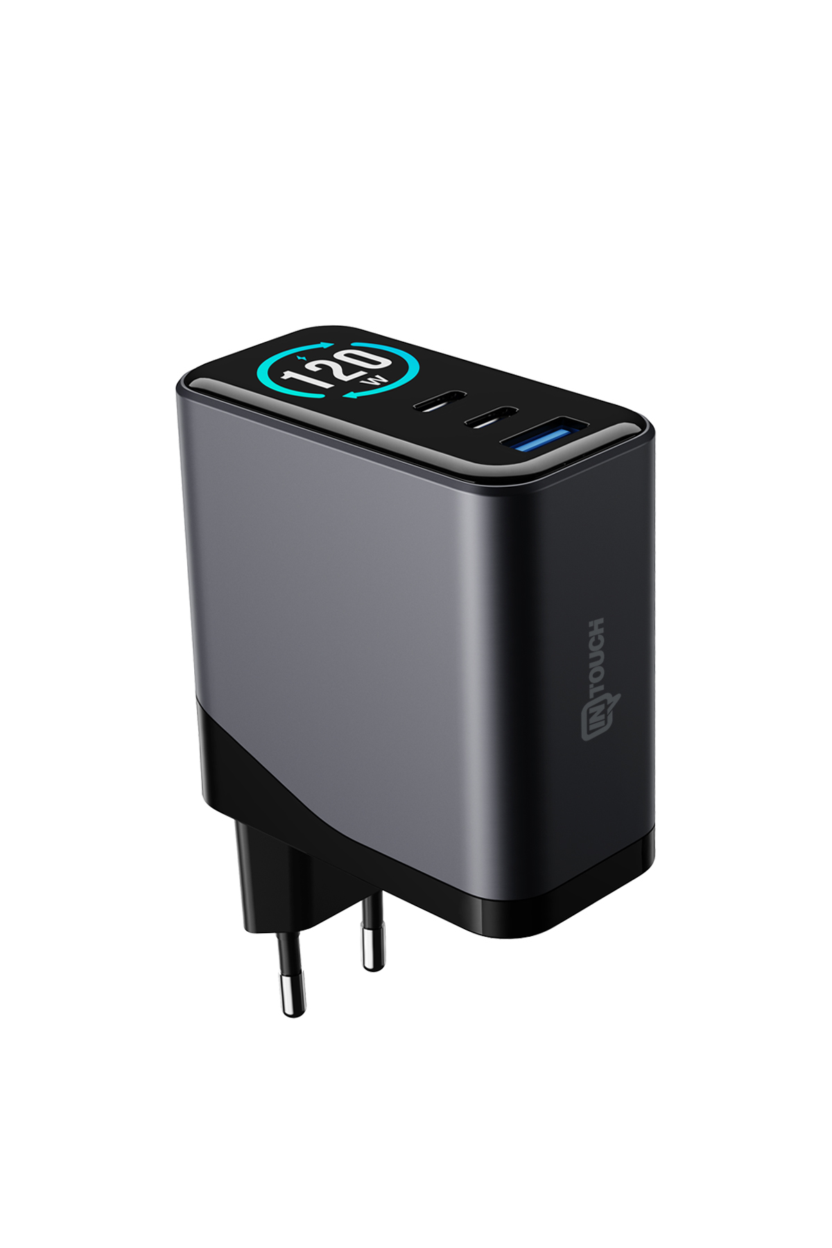 İki USB bağlantı noktalı ve 120W ekranlı koyu renkli şarj cihazı.