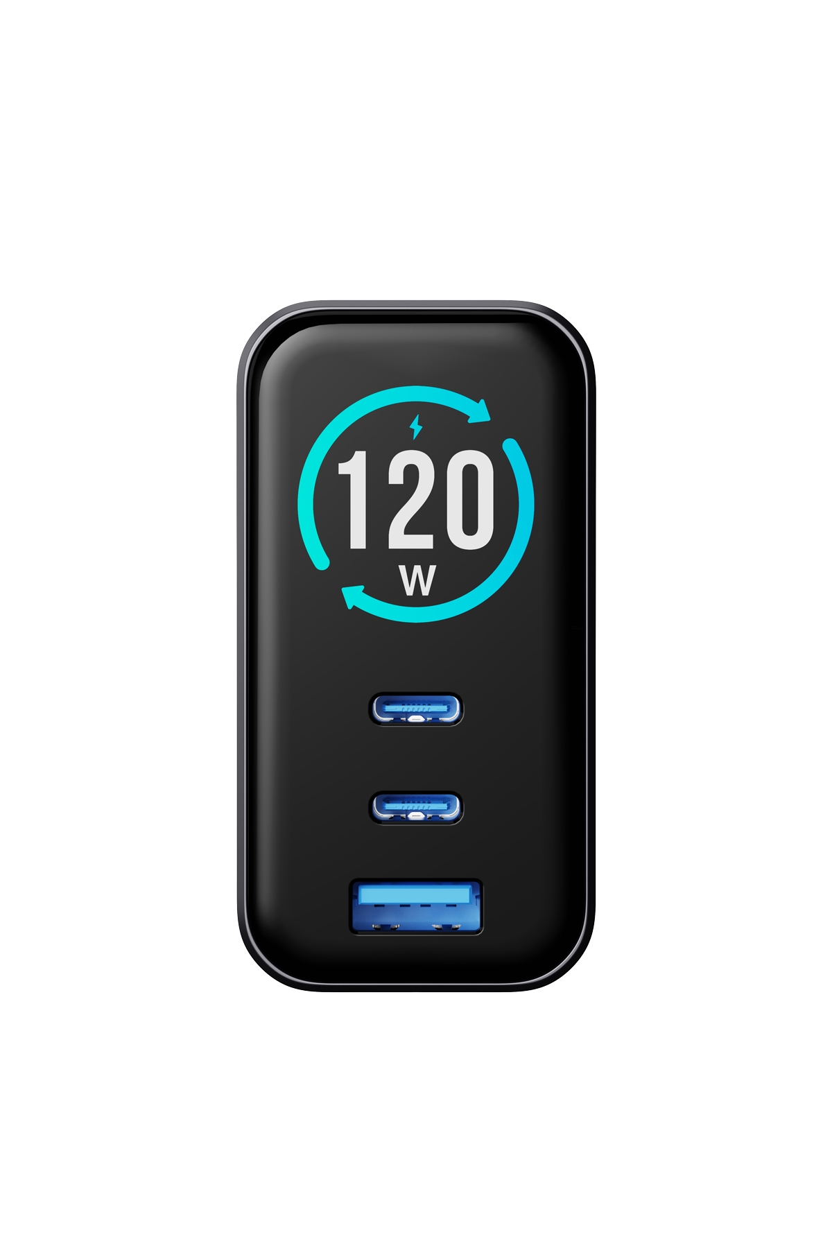 120W göstergeli ve üç USB bağlantı noktalı siyah şarj cihazı.