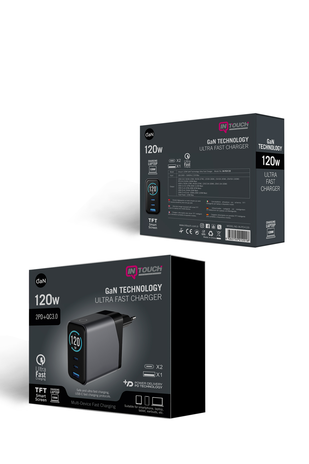 İki USB-C ve bir USB-A bağlantı noktasına sahip gri GaN 120W USB-C hızlı şarj cihazı.