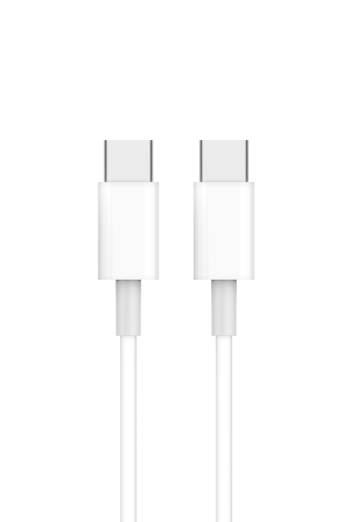 Gümüş konektörlü iki beyaz USB-C kablosu yan yana duruyor.